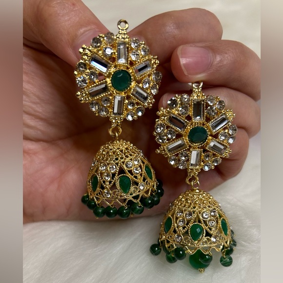 Green Gold Jhumki Earrings - Picture 7 of 8